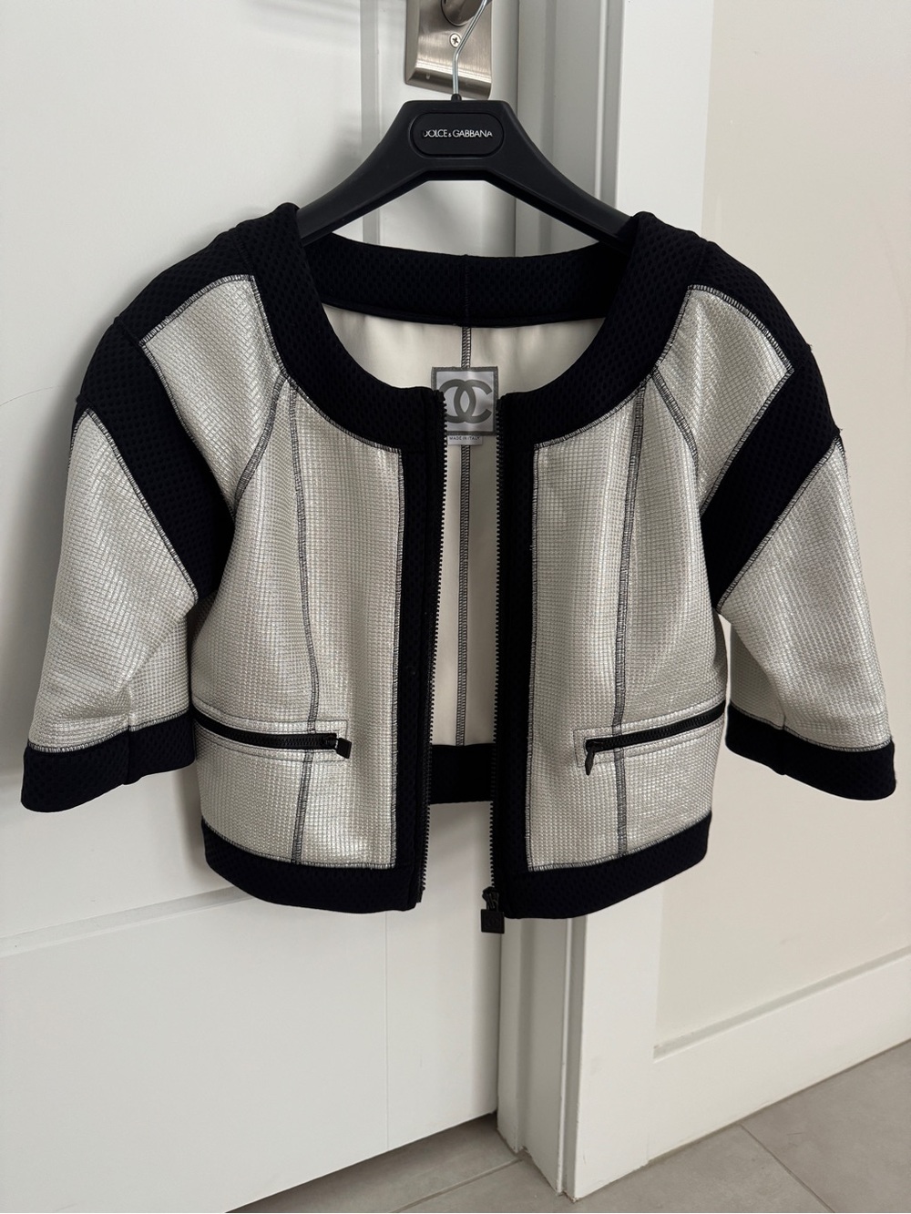 Chanel 07P Silver Metallic Black Cropped Zip Jacket - Mesh Trim Jacket